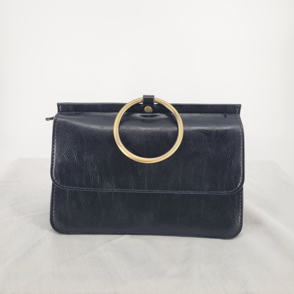 Black Faux Leather Ring Handle Crossbody Bag Floral Lining Triple Compartment